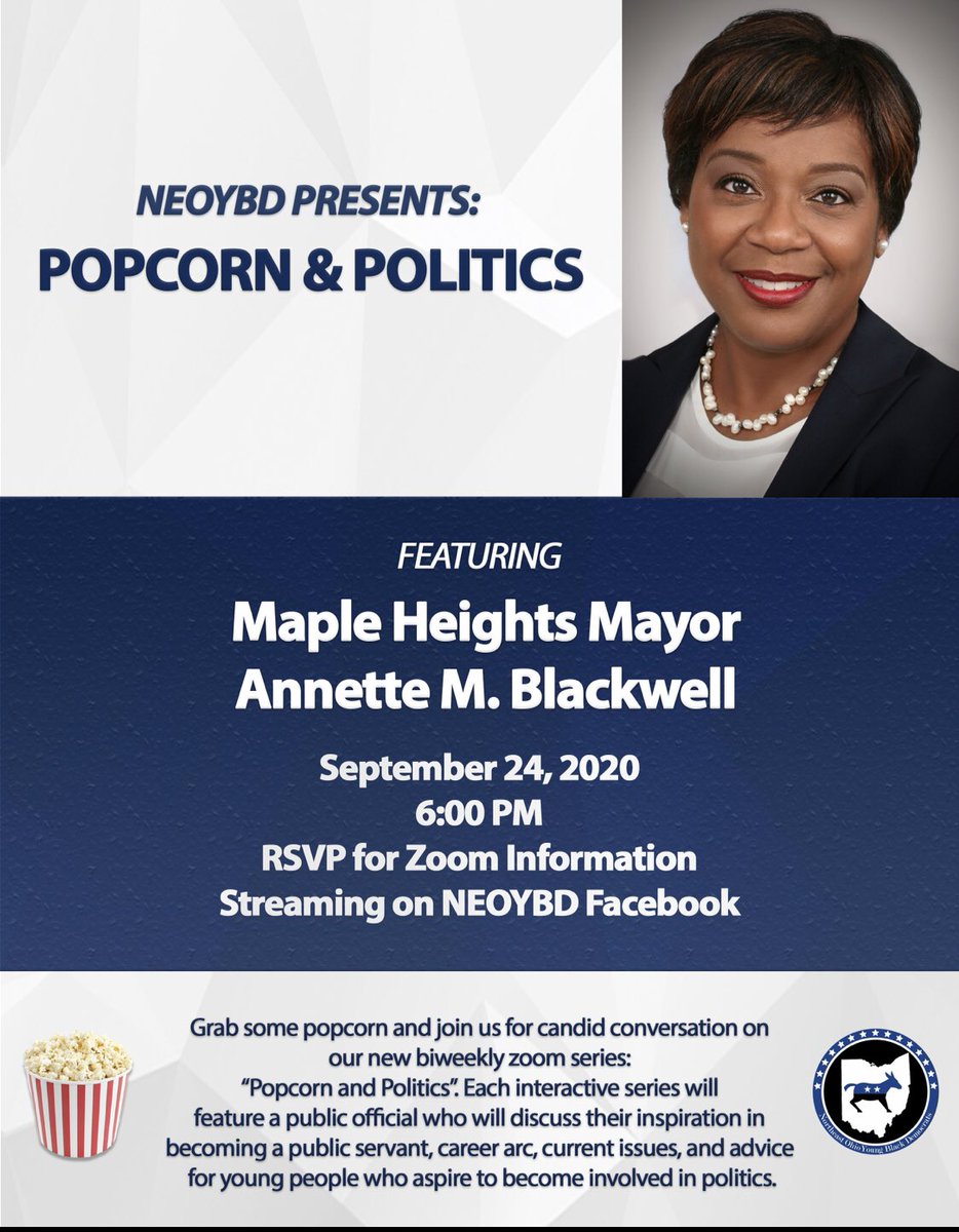Please join us next Thursday, 9/24, for our second episode of Popcorn and Politics, featuring Maple Heights Mayor <a href="/ablackwell216/">Mayor Annette Blackwell</a>!