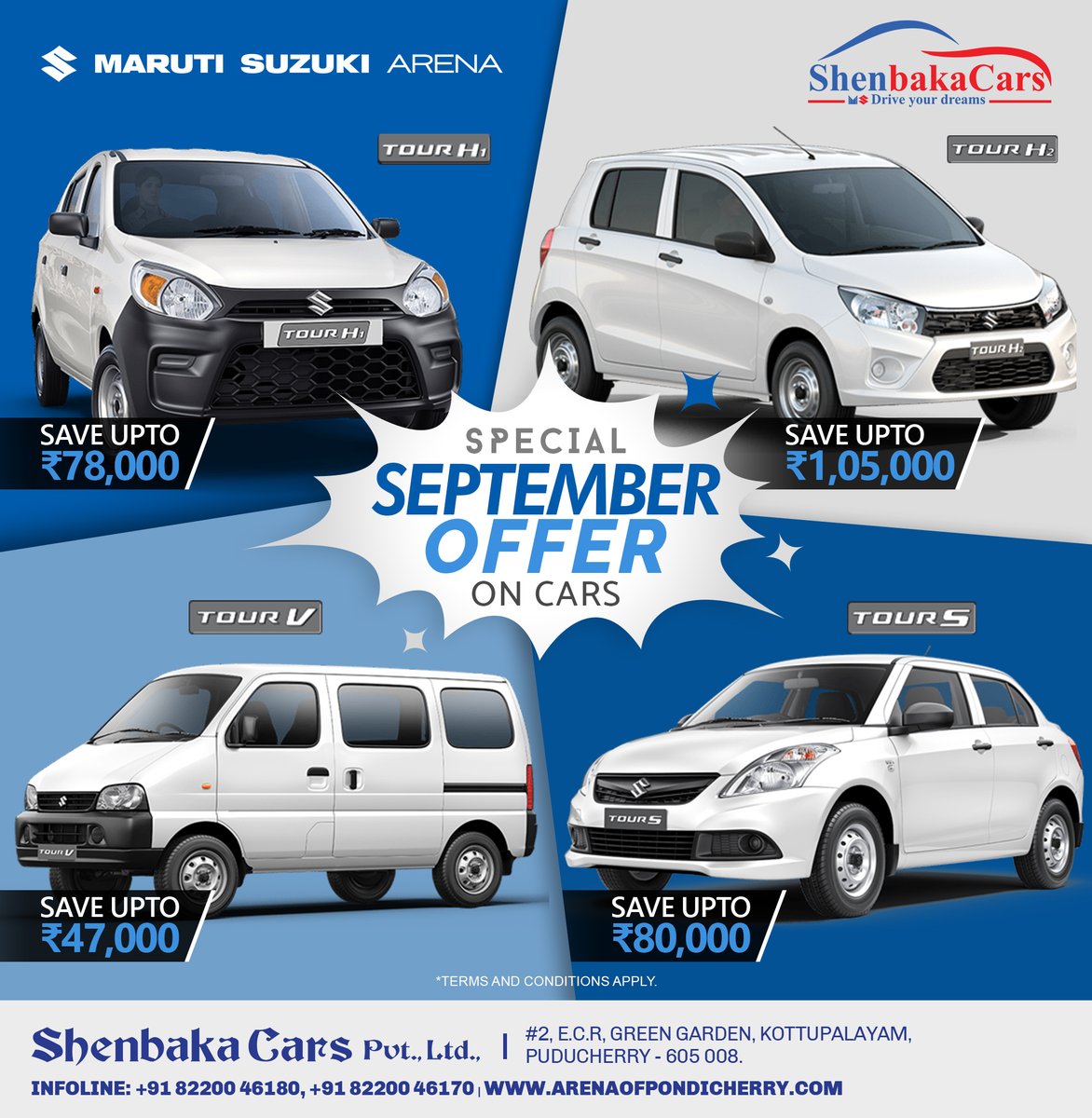 bonjourpondi's tweet photo. Grab the special September offer on #MarutiSuzukiArena Tour vehicles 

#ShenbakaCars #pondicherry #puducherry #bonjourpondicherry #pondicherrycars #puducherrycars #newcar #car #marutisuzuki #pondi #TourH1 #TourH2 #TourV #TourS #TourCars https://t.co/Uy7Kg7f2yk