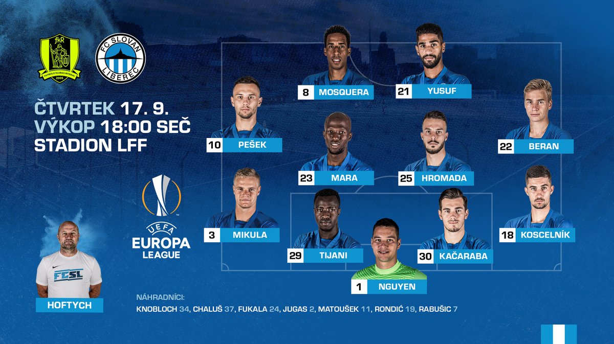 FCSlovanLiberec's tweet photo. Jaké hráče vybral trenér #FCSL Pavel Hoftych do základní sestavy a kdo bude připraven na lavičce? #RITLIB ⤵️
Hoši bojovat! Dnes musí létat drny... 💪😅 https://t.co/0GCelJtCYU