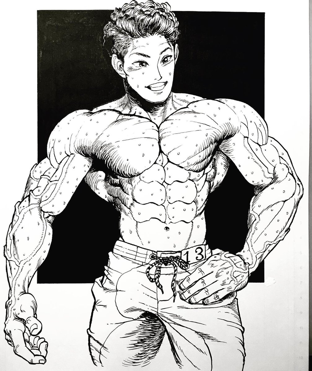 マッチー 筋肉特化 イラスト 肩 腹筋は特にペンで影 を落とそうとして無駄な描き込みを増やすより スクリーントーンで仕上げた方が質感がいいです はっきり距離を出したい顔 首 と胸 脇 にはペンで影を入れます 白と黒のぶつかりを加減し 立体感を