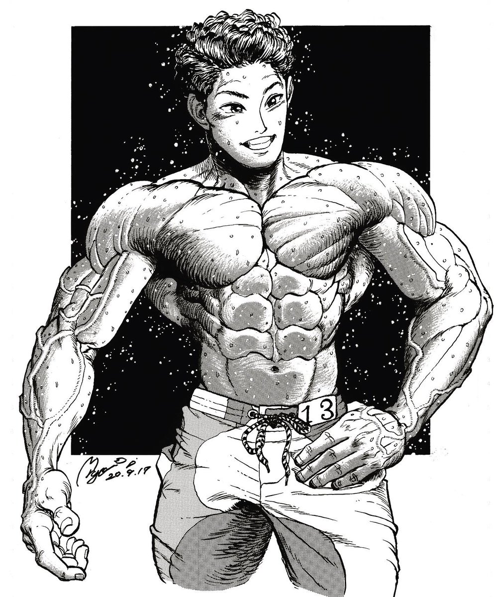 マッチー 筋肉特化 イラスト 肩 腹筋は特にペンで影 を落とそうとして無駄な描き込みを増やすより スクリーントーンで仕上げた方が質感がいいです はっきり距離を出したい顔 首 と胸 脇 にはペンで影を入れます 白と黒のぶつかりを加減し 立体感を