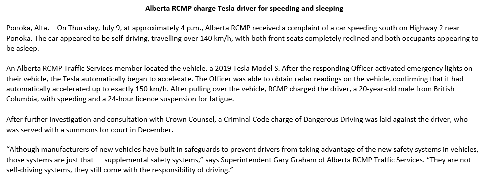 mniype's tweet photo. Incredible!
RCMP pulled over a 20-year-old in a self-driving Tesla going 140 km/h. The seats were fully reclined and the driver and passenger were... SLEEPING!!! https://t.co/518HTsQHDc