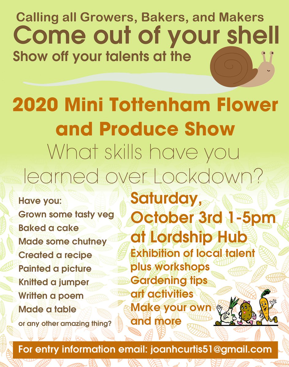The Tottenham 'mini' flower and produce show will go ahead on Oct 3rd (if we are not back in total lockdown) outside Lordship Hub. Please enter your creative endeavours and achievements during lockdown by filling in the entry form found at: lordshiprec.org.uk/mini-tottenham…