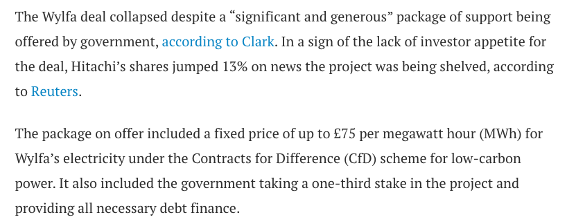 This week's big news was official confirmation from Hitachi that it was cancelling Wylfa.It had shelved the plans last year, despite what then-secretary of state Greg Clark called a "significant & generous" package of support inc a 1/3 equity stake.8/ https://www.carbonbrief.org/qa-can-the-uk-meet-its-climate-goals-without-the-wylfa-nuclear-plant