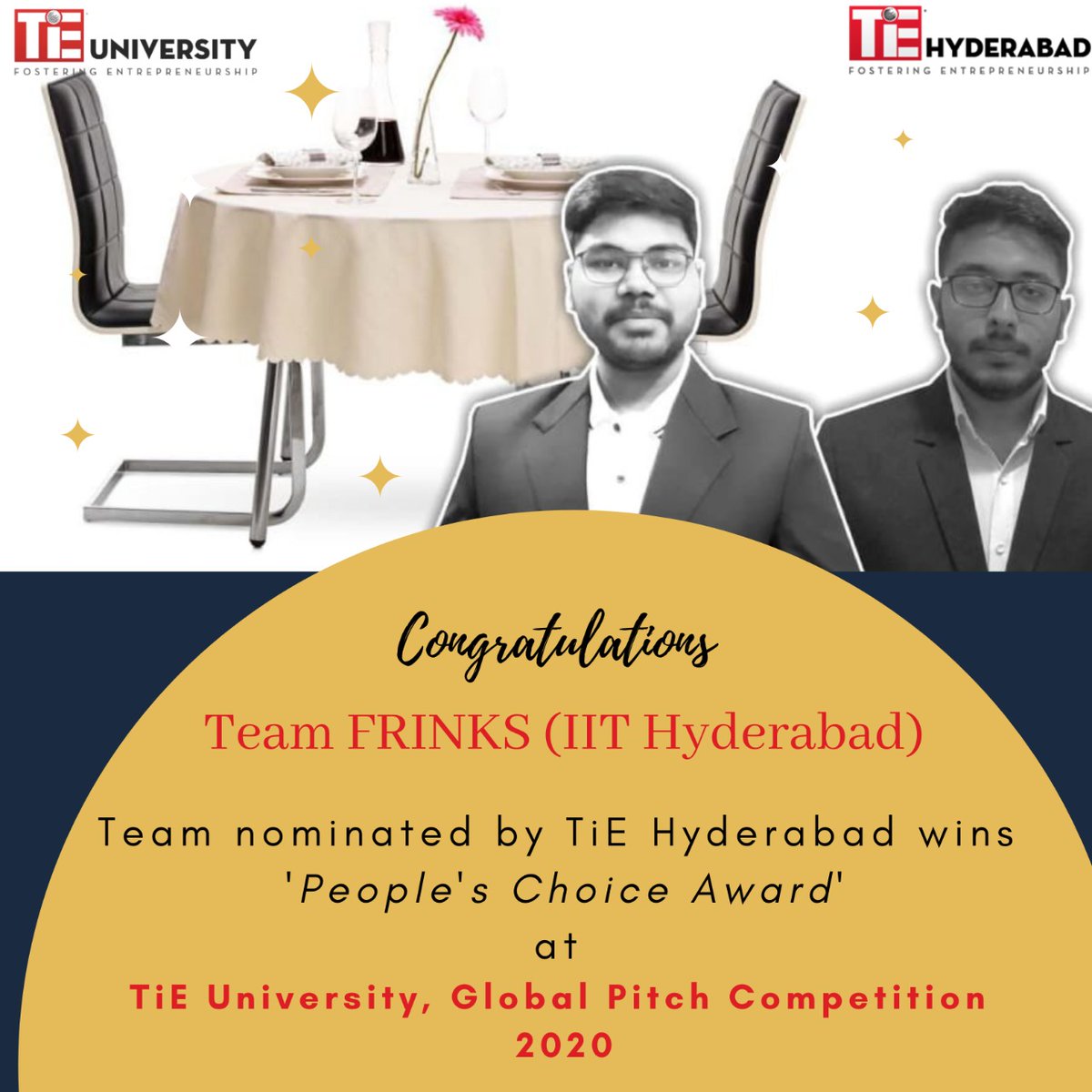 TiEHyderabad's tweet photo. Thanks a lot for your support !!! @IITHyderabad team #FRINKS won the People’s Choice Award in the 2020 @ #TiEUniversity Pitching #Competition !!!
Congratulations #Aditya #Dharmagnya Keep Shining !! A Big Shout our to our team Mentor @sanjay_jesrani . @TiEGlobal @TiEHyderabad https://t.co/1vouzCDbjv