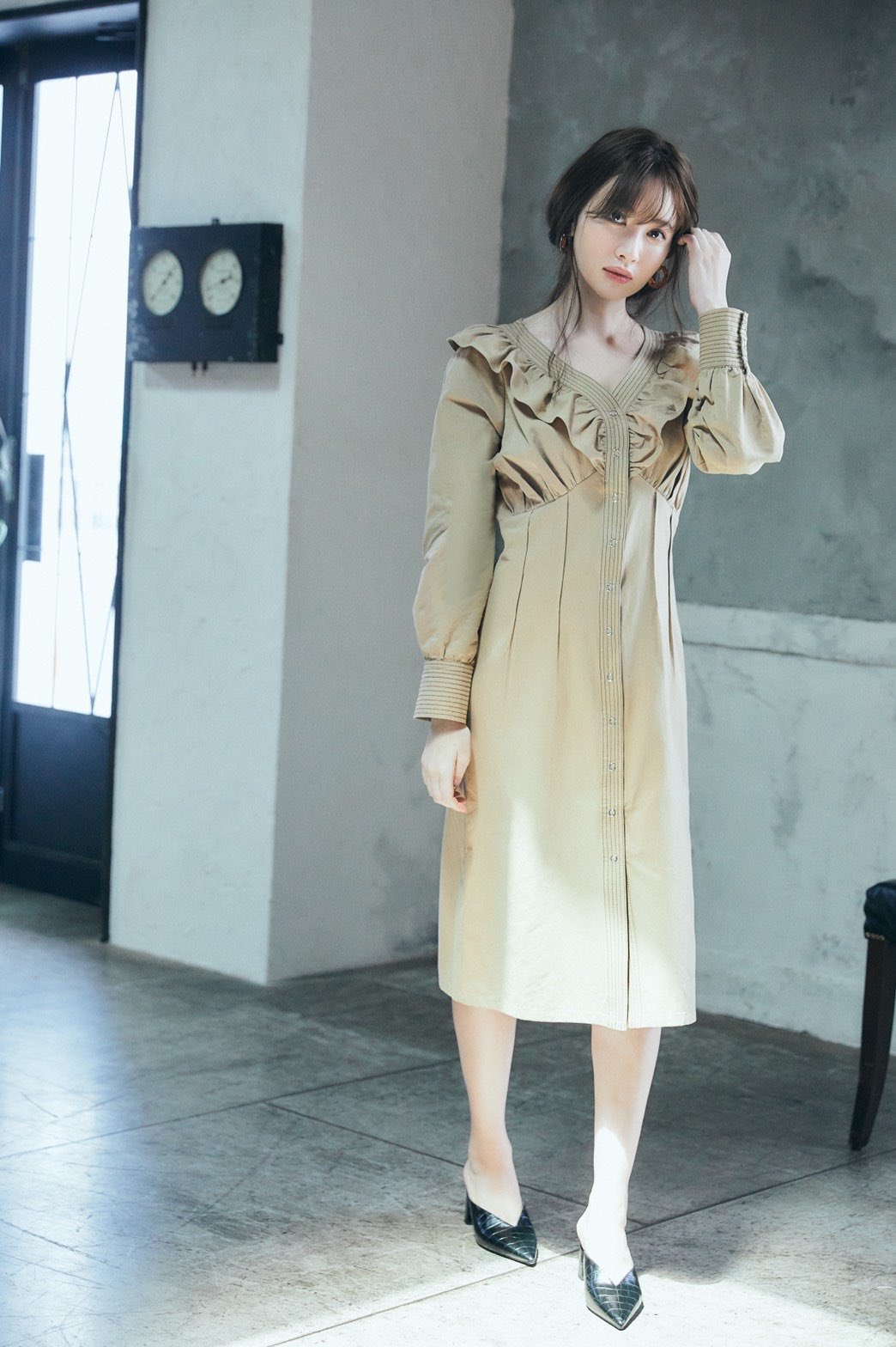 herlipto Belted Ruffle Twill Shirt Dress