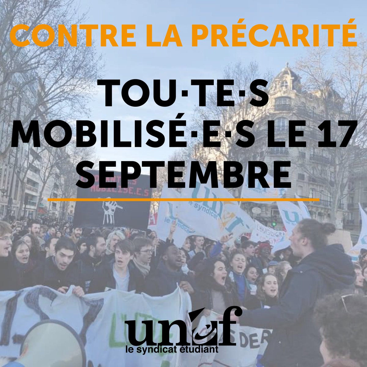 UNEF's tweet photo. ✊ Aujourd'hui toutes et tous mobilisé·e·s, partout en France pour défendre nos droits et notre avenir !
➡️ Contre la précarité à vie ! #MasquesGratuits
➡️ Pour un investissement massif dans l'ESR ! #NonAlaSelection
📢À Paris on se retrouve à 14h, place de la République !
#17Sept https://t.co/QTh2lGVw2h