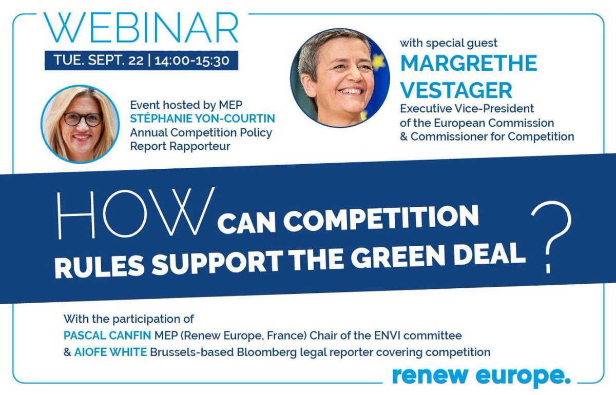 s_yoncourtin's tweet photo. 💬Comment les règles de concurrence peuvent-elles soutenir le #GreenDeal 🌍🇪🇺 ?
➡️Participez au webinar @RenewEurope avec la Vice-Présidente exécutive de la Commission européenne @vestager le 22/09. Plus d'informations : https://t.co/Fgv2Ut6GbD https://t.co/4ATYiOrmc0