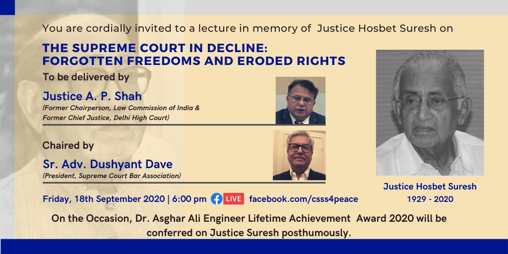 You are cordially invited to a lecture in memory of Justice Hosbet Suresh. Join Zoom Meeting
us02web.zoom.us/j/82394415664?…

Meeting ID: 823 9441 5664
Passcode: 961603