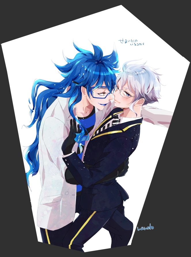 multiple boys male focus 2boys blue hair long hair blue lips glasses  illustration images