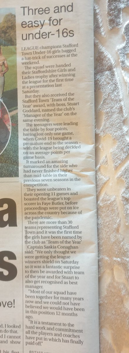 Great coverage of our hat trick of awards we received last weekend on back page of <a href="/StaffsNews/">Staffs Newsletter</a> this week. Great write up @DavidBroomeSN
And they must have good taste - they made sure not to print photos of my dad (our coach) or <a href="/StaffordTownFC/">Stafford Town FC</a> chair <a href="/beedell_paul/">Paul Beedell</a> (sorry Paul!)