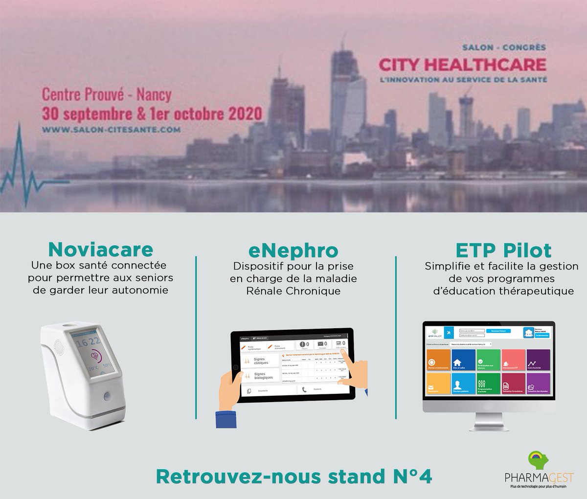Pharmagest's tweet photo. A l'occasion du salon @SalonCiteSante 2020, venez découvrir nos solutions innovante autour du #bienvieillir et de la #télémédecine, sur notre stand 04. Venez assister aux démos de nos solutions #Noviacare  #eNephro #ETP-Pilot 

 #innovation #esanté #masanté2022 https://t.co/WORYoGky05