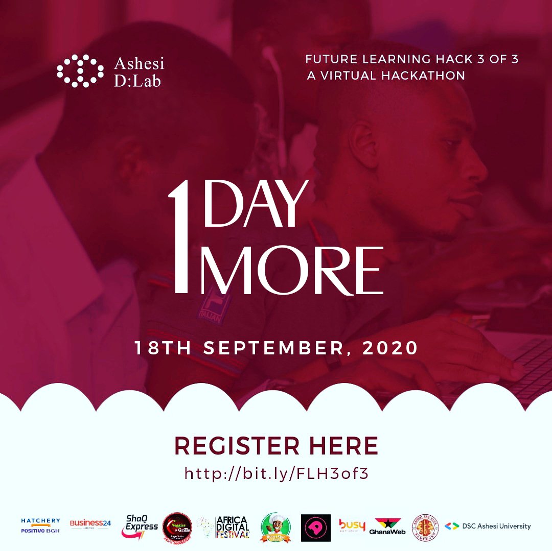 AshesiDesign's tweet image. There are #1moreday to sign up for the Future Learning Hack. Put together your team &amp;amp; sign up now at bit.ly/FLH3of3

#dlabhacks
#FutureLearningHack
#VirtualHackathon
#DesignThinking
#OnlineLearning
#TheNextBigThing
#IdeaChallenge
#SolutionPitch
#AshesiDLab
#ashesientship