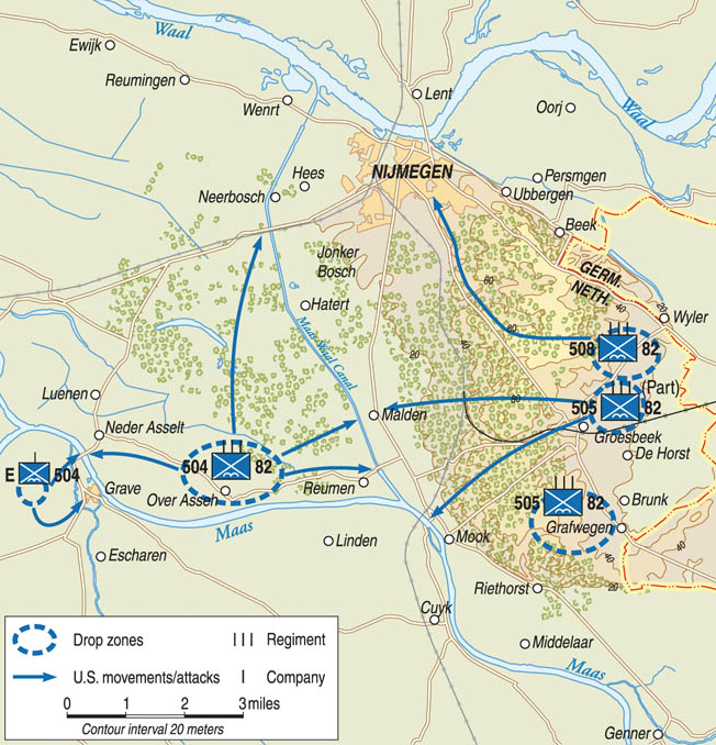 18 of 31:The 82d Airborne were also tasked with securing 6 miles of terrain, which included the Groesbeek Heights and two DZ/LZ sites, while simultaneously securing at least one bridge over the Maas-Waal Canal, the bridge at Grave, and the bridge at Nijmegen. Easy day, right?