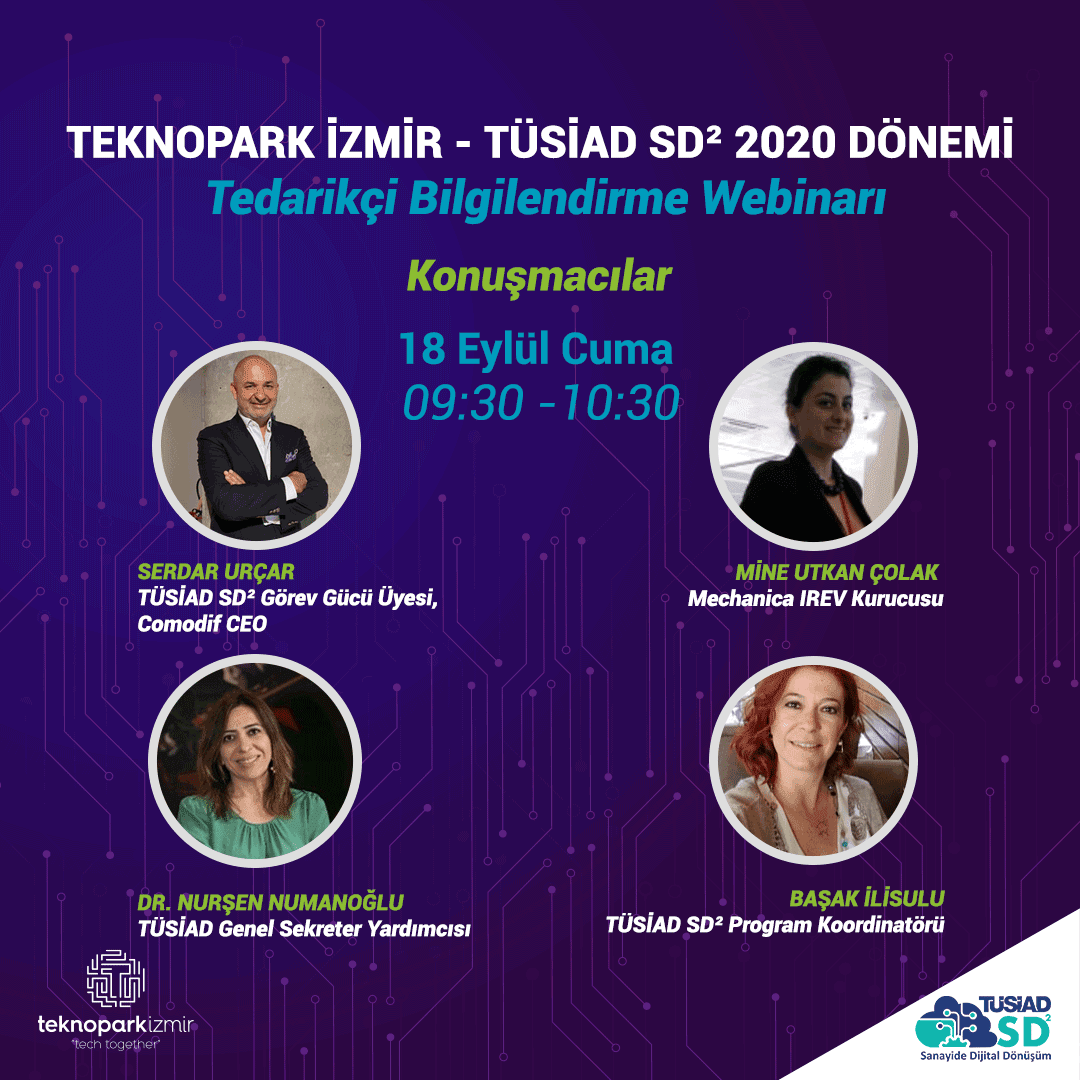 TÜSİAD SD² 2020 Dönemi Tedarikçi Bilgilendirme Webinarı, Teknopark İzmir şirketlerinin katılımıyla 18 Eylül Cuma günü saat 09.30-10.30'ta gerçekleşecek. 
Kayıt için tusiadsd2.org/bulten/webinar linke tıklayabilirsiniz. #tüsiad #tüsiadsd2 #teknoparkizmir #tedarikçibilgilendirmewebinarı