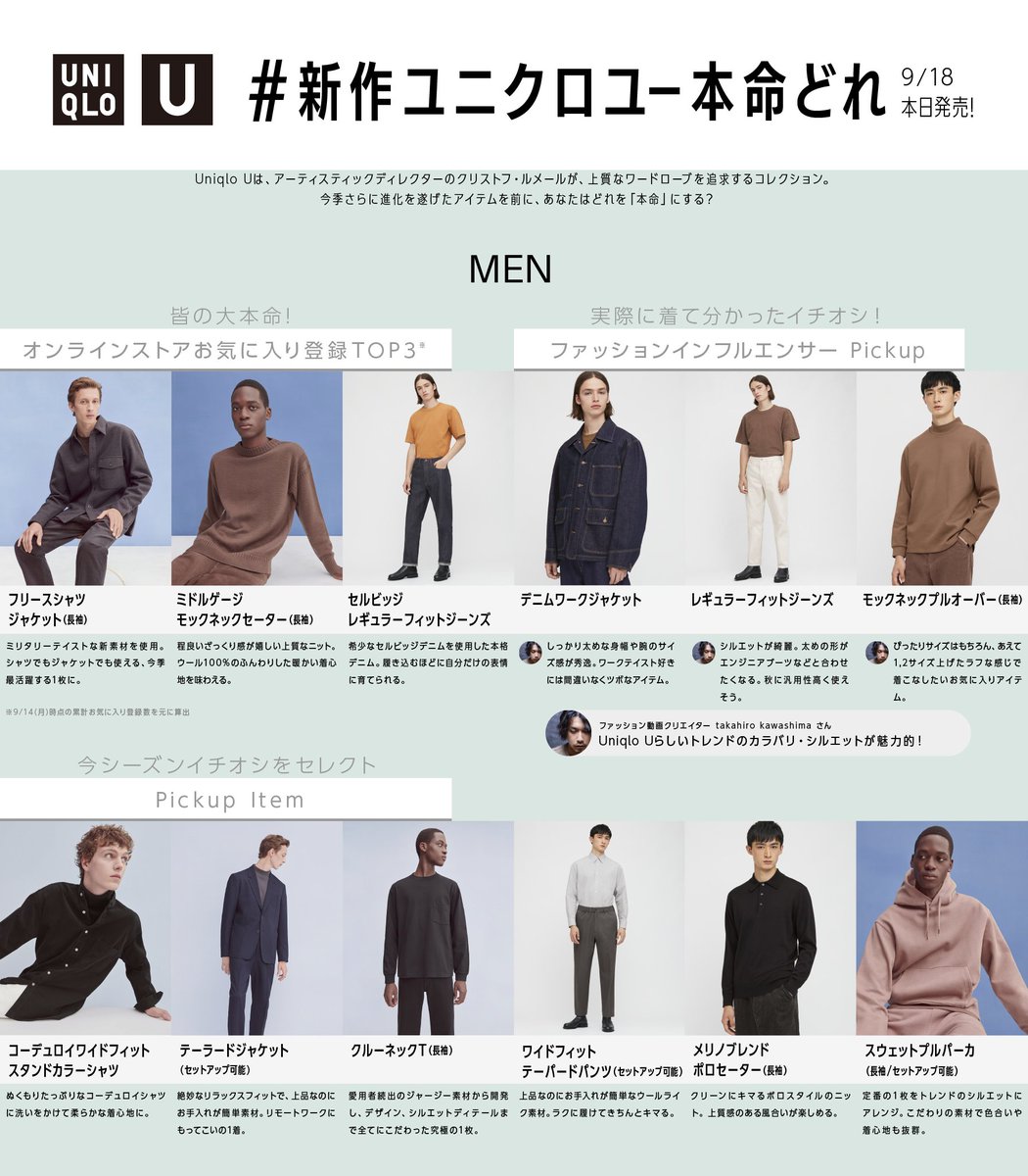 UNIQLO_JP's tweet photo. 🎉本日発売🎉
洗練されたデザイン&amp;素材で大人気!
『Uniqlo U』待望の新作が登場!

㊙事前お気に入り数TOP3
😎インフルエンサーのイチオシ
など最注目アイテムを厳選してみました!

あなたの注目アイテムは?
#新作ユニクロユー本命どれ をつけて教えてね👀

全ラインナップ👇
https://t.co/bwxhKwHE2z https://t.co/XfebzP47YK