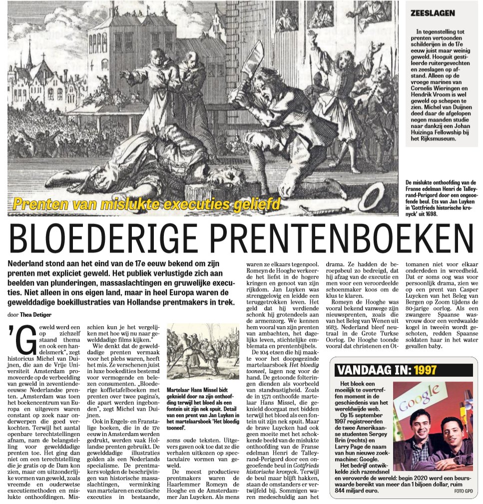 LEESTIP: Interview met <a href="/VUamsterdam/">Vrije Universiteit Amsterdam (inactief)</a> docent en historicus Michel van Duijnen in de <a href="/telegraaf/">De Telegraaf</a> over zijn promotieonderzoek naar de verbeelding van geweld in 17e eeuwse Nederlandse prenten. Door Thea Detiger.