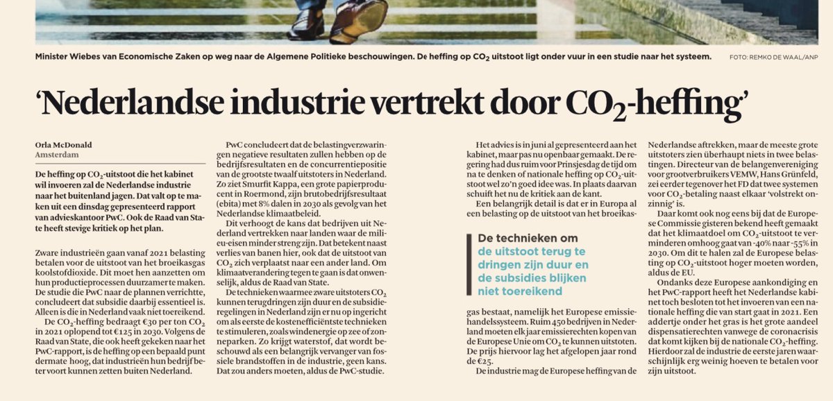 Denken we nu echt dat er bedrijven vertrekken vanwege een CO2-heffing? Flauwekul, andere landen in Europa hebben al een CO2-heffing, en dit hangt al jaren boven de lucht
