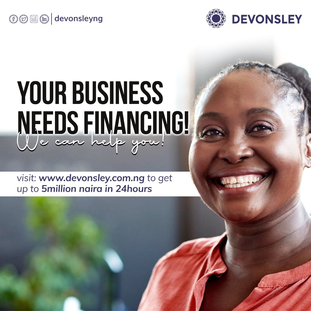 Your business needs financing..

We can help you with that.. Send a DM or click link on our bio to begin..

#DevonsleyNG #DevonsleyNGloans #smeloans #lagos #abuja #Ibadan