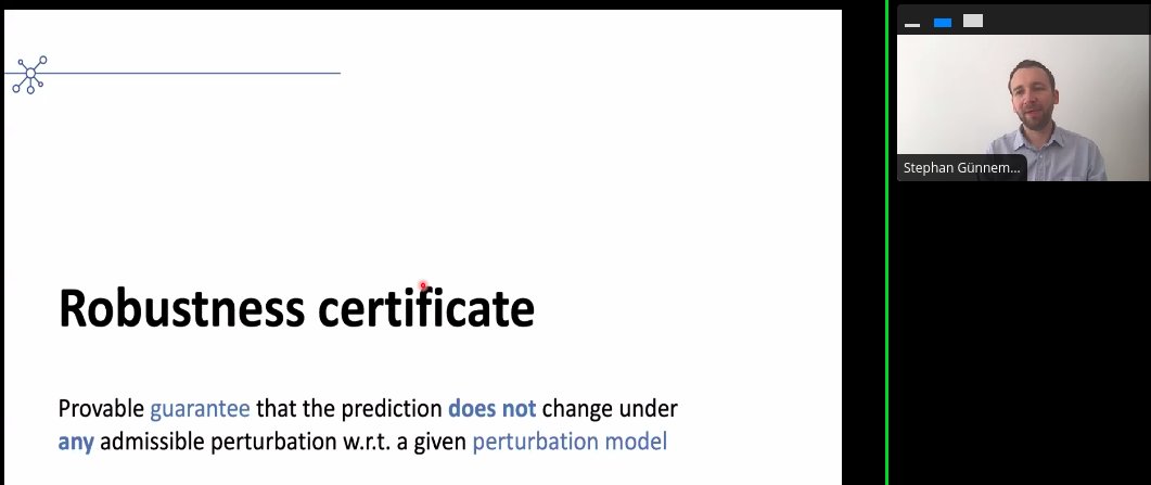 'Robustness certificate' (for #MachineLearning models for graphs) -> provable guarantee that preds does not change under some perturbations.

How to give such guarantee? Ask @guennemann at  #ecmlpkdd2020.