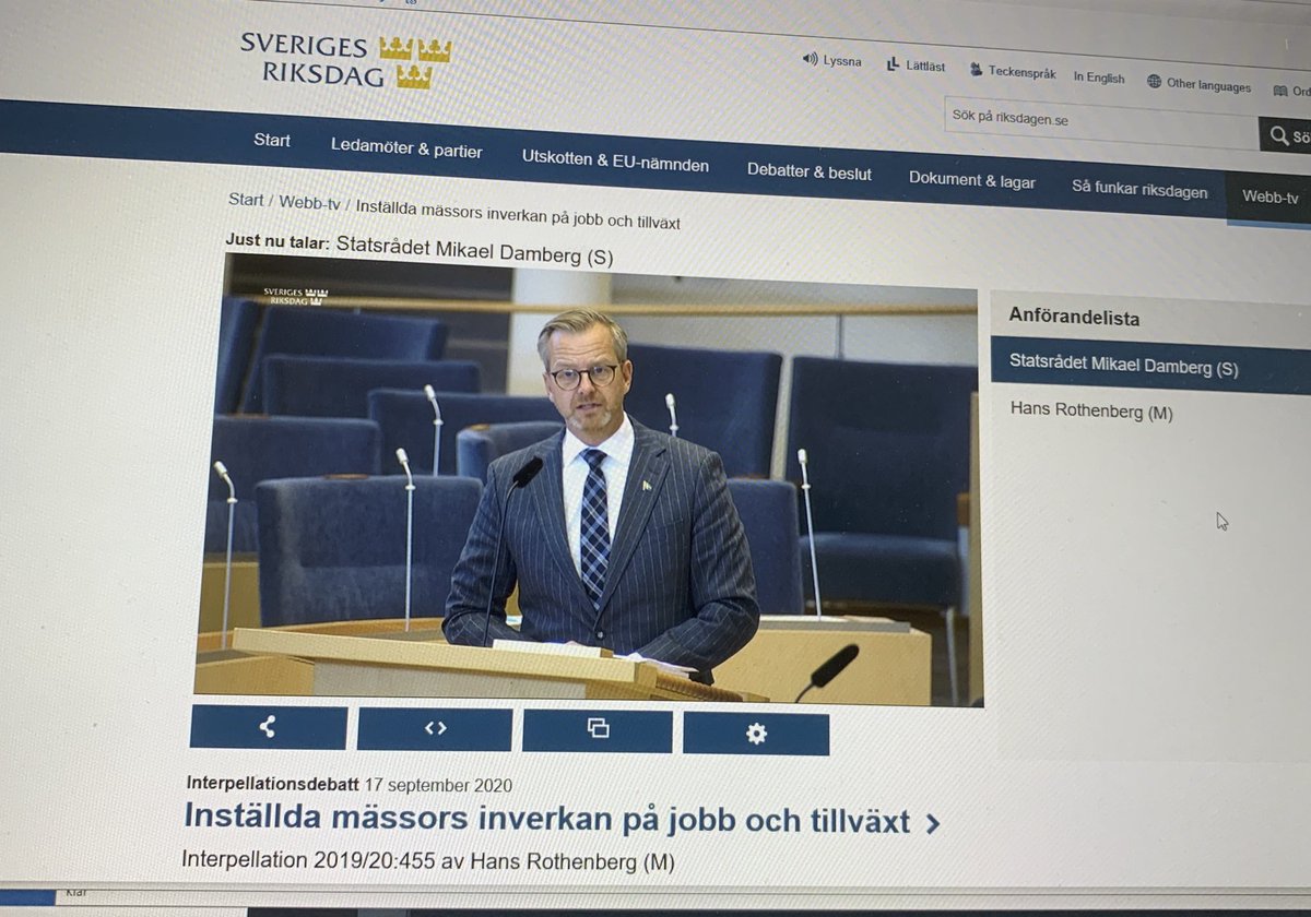 Inställda mässors viktiga inverkan på jobb och tillväxt i Sverige. Hans Rothenberg M, Mikael Damberg S. #sverigesriksdag riksdagen.se/sv/webb-tv/vid…