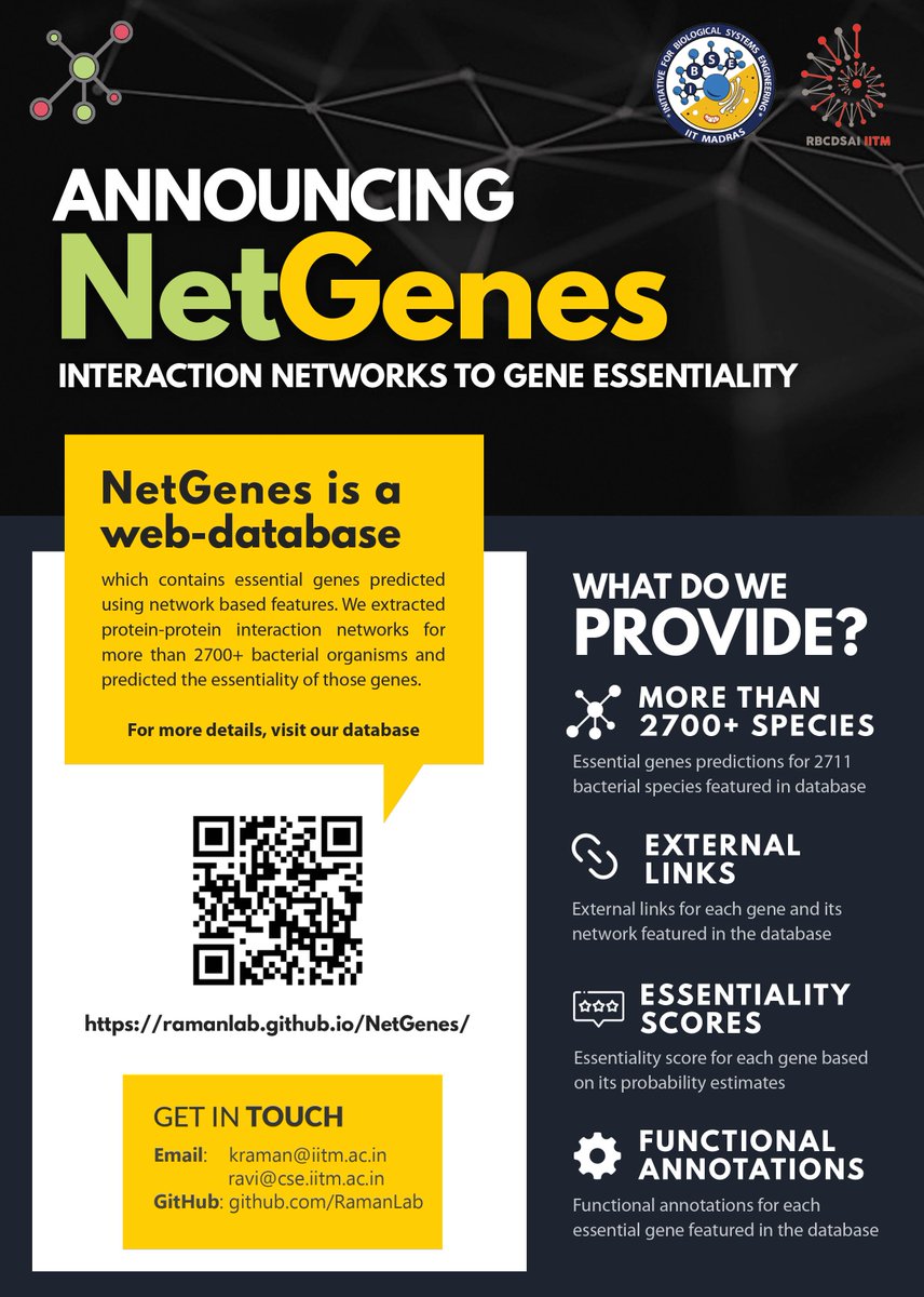 We are happy to announce our ambitious project - NetGenes -  a web database which contains essential genes predicted for over 2700 bacterial organisms. 

Visit NetGenes, play around or dig deep into our database: ramanlab.github.io/NetGenes/ #networks #networkbiology #essentialgenes