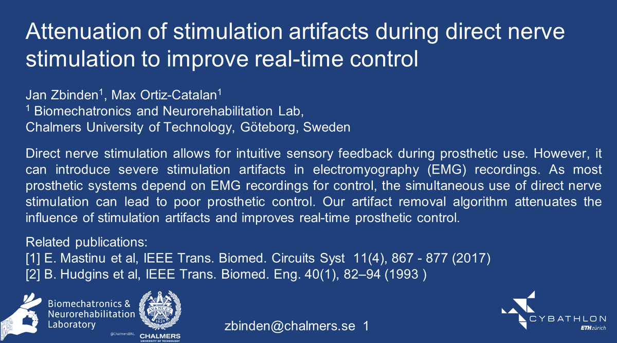 janzbinden's tweet photo. Artifact removal algorithm removes stimulation artifacts introduced by direct nerve stimulation and allows for somatosensory feedback during real-time prothesis use @cybathlon @ChalmersBNL  #CybathlonSymposium #ARM https://t.co/MMDlTbv3gP