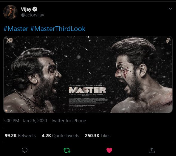 REECORD ALERT: Thalapathy's raw and intensive #MasterThirdLook poster crosses 250K+ likes and becomes the 5th 250K+ liked poster in #Vijay's official Twitter handle. Vijay is the undisputed KING of social media! 🔥 #Master @actorvijay @MasterFilmOff