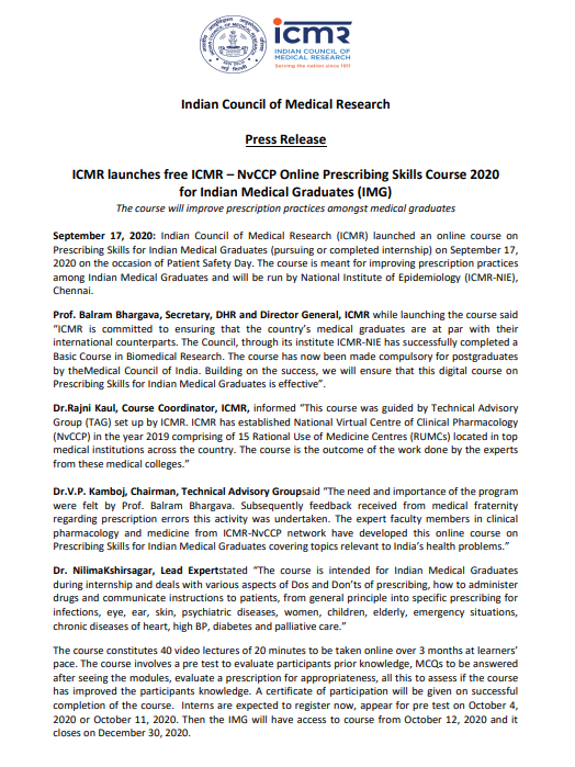 ANI's tweet image. Indian Council of Medical Research (ICMR) launched an online course on Prescribing Skills for Indian Medical Graduates (pursuing or completed internship) today, on the occasion of Patient Safety Day: ICMR