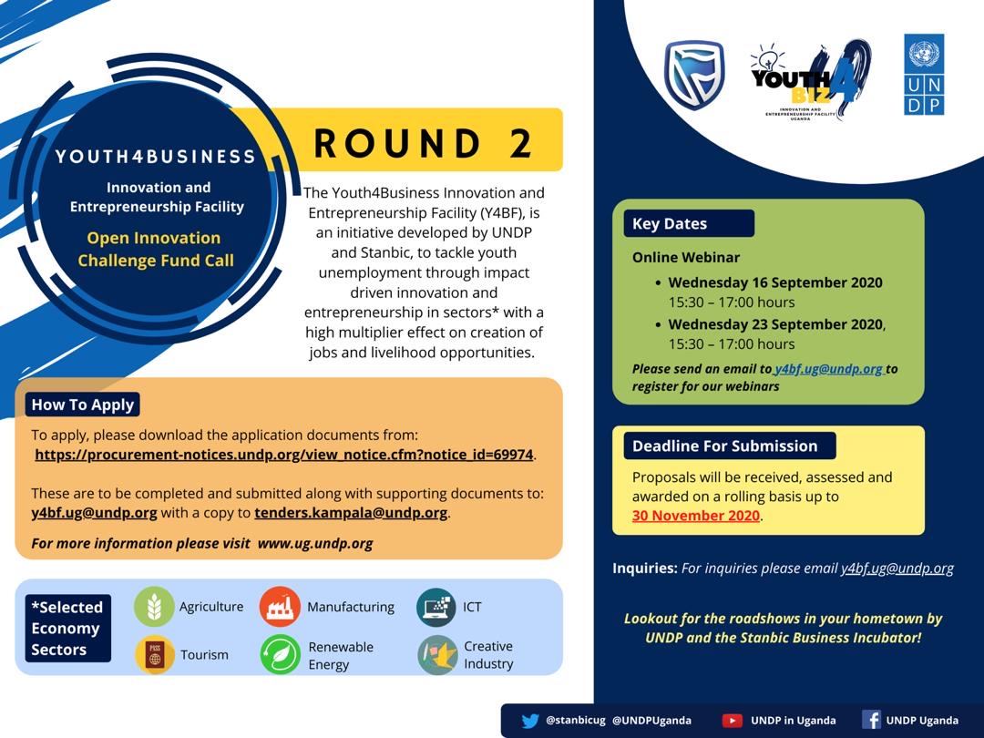 UNDPUganda's tweet photo. #Youth4Biz Round 2 is live✅

For more info, or to register for our webinar, send an email to y4bf.ug@undp.org💻

Application documents: https://t.co/FHP557glOo

@stanbicug @ElsieAttafuah https://t.co/x4HRlwv3Tw