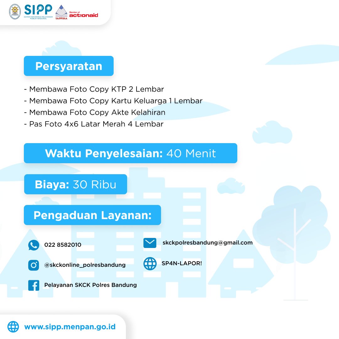 sipp_menpan's tweet photo. Selamat malam, #SahabatSIPP!

Pelayanan pembuatan SKCK hadir di Kabupaten Bandung . Pelayanan ini hadir untuk memudahkan masyarakat Kabupaten Bandung dalam membuat SKCK. Informasi mengenai layanan ini dapat Sahabat akses melalui https://t.co/5OroPZ1Z9N. https://t.co/1zxicOjJtd