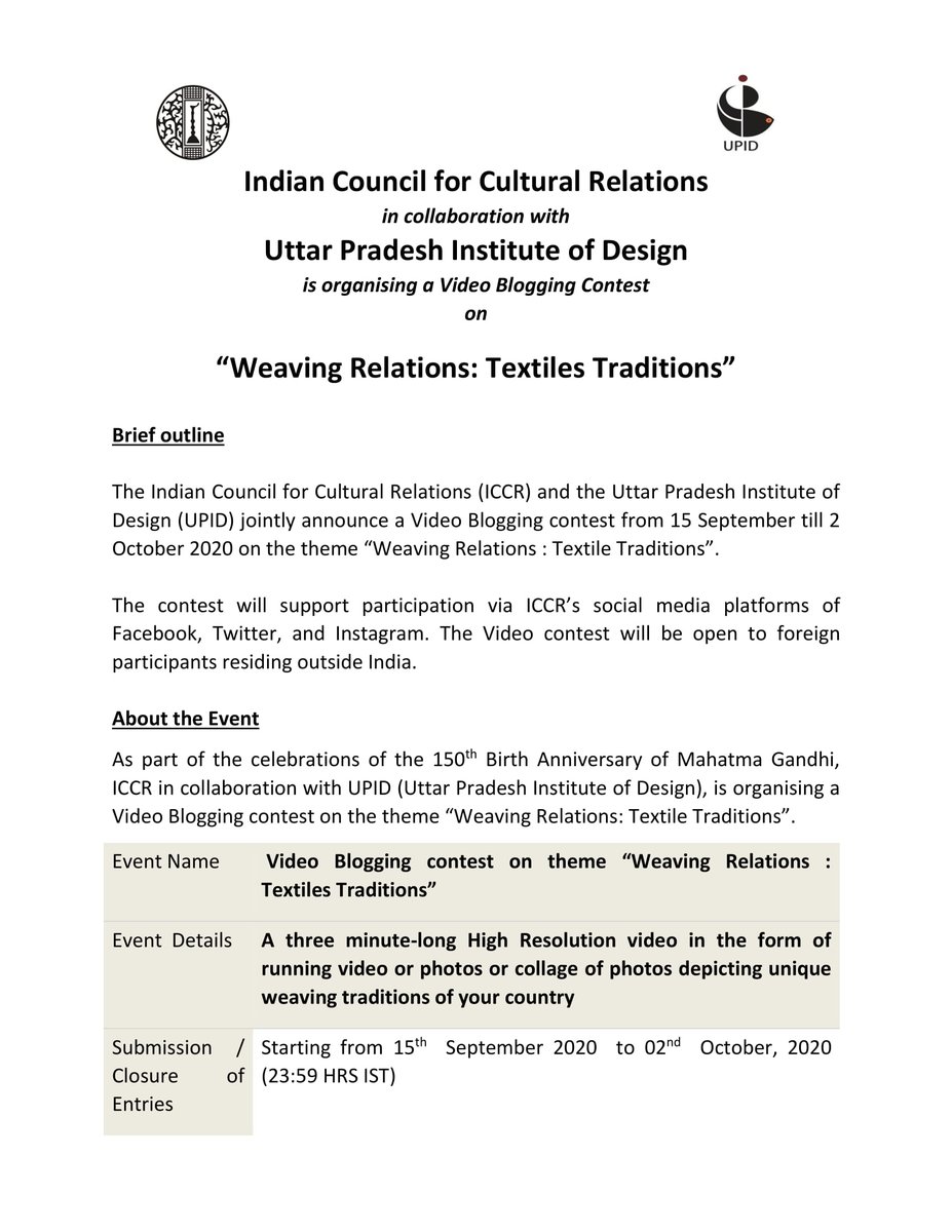 Indemb_Muscat's tweet photo. As part of #150YearsofMahatma celebration, @ICCR_Delhi with @Upid_Msme, is organizing a #VideoBloggingContest on theme “Weaving Relations: Textile Traditions”.
Last date: 2 October 2020
Open to foreign participants residing outside India.
@MEAIndia @IndianDiplomacy https://t.co/31x3tgzBvZ