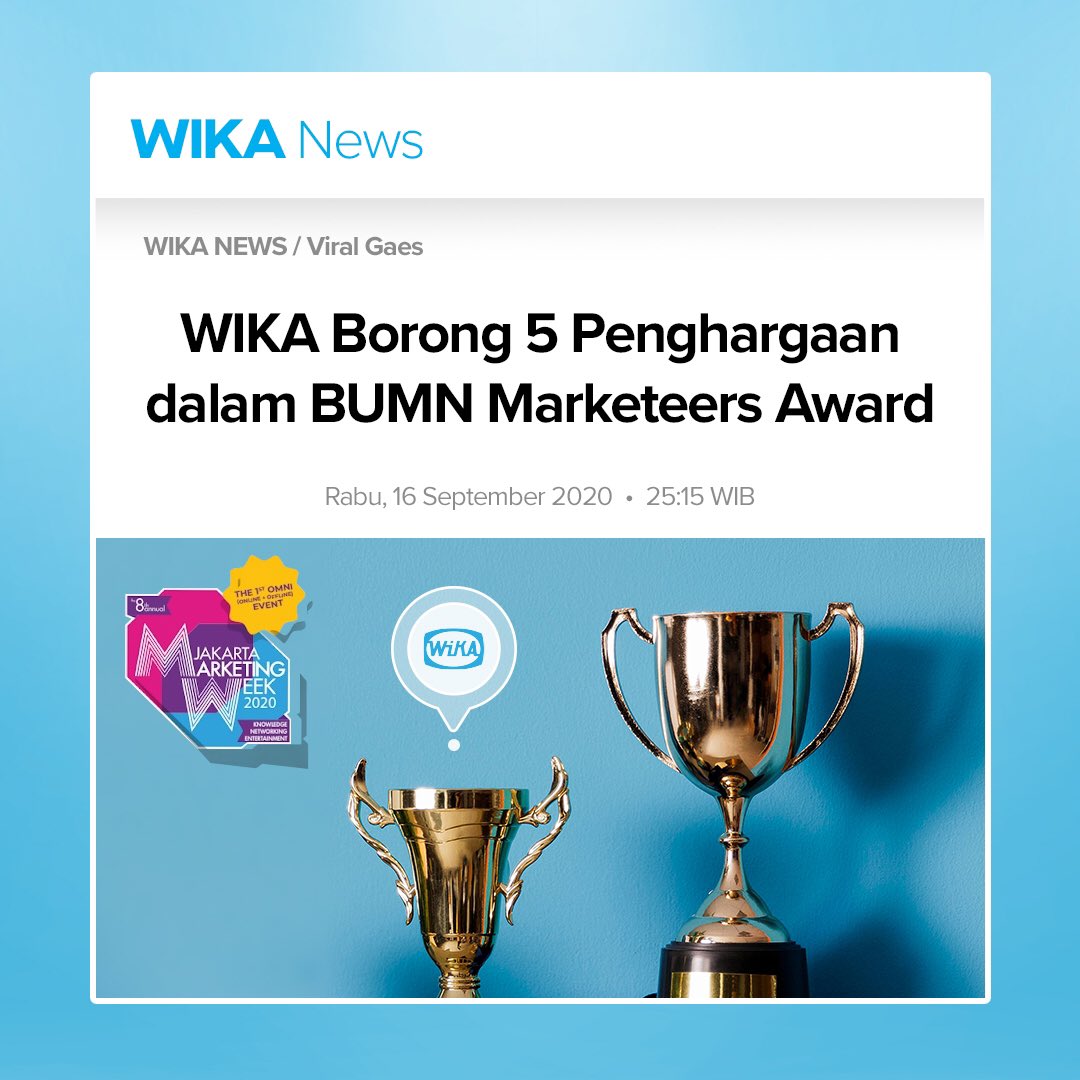 PTWijayaKarya's tweet photo. Tanggal 16 September kemarin, WIKA dapet 5 penghargaan dari BUMN Marketeers Award nih, #SobatWIKA.

Terima kasih ya buat seluruh pihak yang telah mendukung WIKA. Ini merupakan apresiasi luar biasa sekaligus motivasi bagi WIKA untuk terus memberikan yang terbaik bagi negeri 💪🏻 https://t.co/BWGc5arW5f
