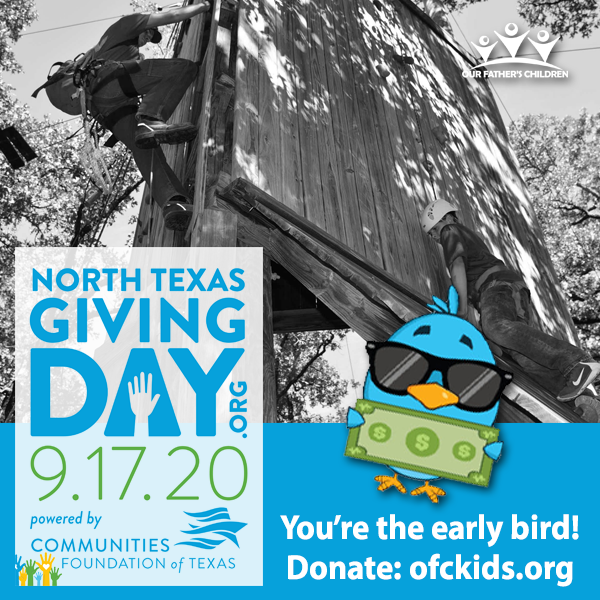 OFCDFW's tweet photo. It's #NTXGivingDay and you're up early!! Early bird ... makes the first donations!! 😂🐦Your donation can go even further with our matching gift donations. Your gift can help us with our weekend retreats and our camps next summer.  Donate now: https://t.co/QHWDNeI5c2 https://t.co/LczzcEYmDY