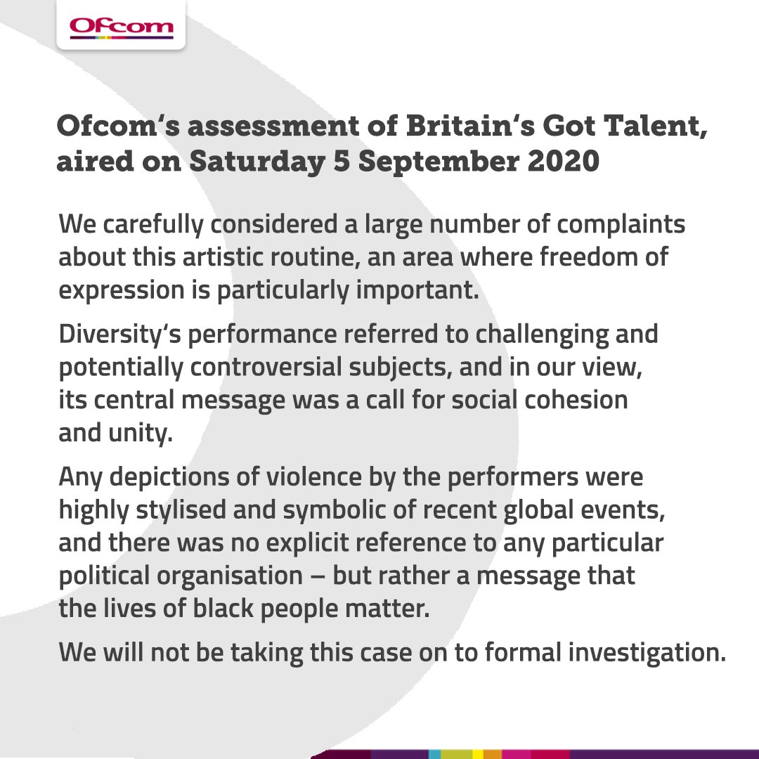 Ofcom response to complaints about Diversity's performance on Britain's Got Talent finds no grounds for any formal investigation of the dance routine. This clear ruling should certainly please those defending freedom of expression against 'cancel culture'.