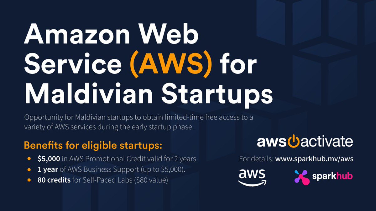 sparkhubmv's tweet photo. Here is an opportunity for Maldivian startups to obtain limited-time free access to a variety of AWS services during the early startup phase.

Since last year through our portfolio status, we have been able to give AWS to 8 startups from Maldives.

Info ➡️ https://t.co/RTQ40r0OMI https://t.co/ZcZBmaELZ1