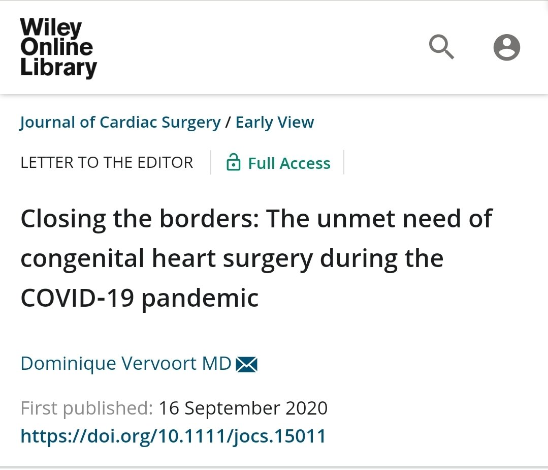 The unmet need of congenital heart surgery is vast around the world.

#COVID19, and the resulting travel restrictions, have complicated this even further. #TSSMN #GlobalCardiacSurgery 

My thoughts in #JCardSurg: onlinelibrary.wiley.com/doi/10.1111/jo…