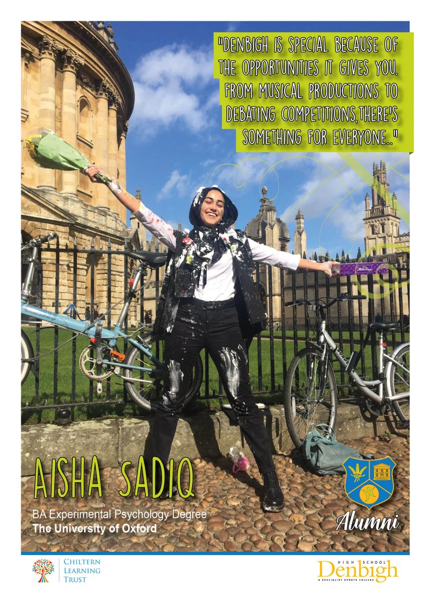 DenbighHigh's tweet photo. Proud to share more success stories from our @Denbigh_Alumni. Aisha Sadiq went on to study Experimental Psychology at Oxford University once leaving Denbigh! #alumni #aspiration #careergoals #beyondhighschool @CorderMrs https://t.co/x8Akor969B