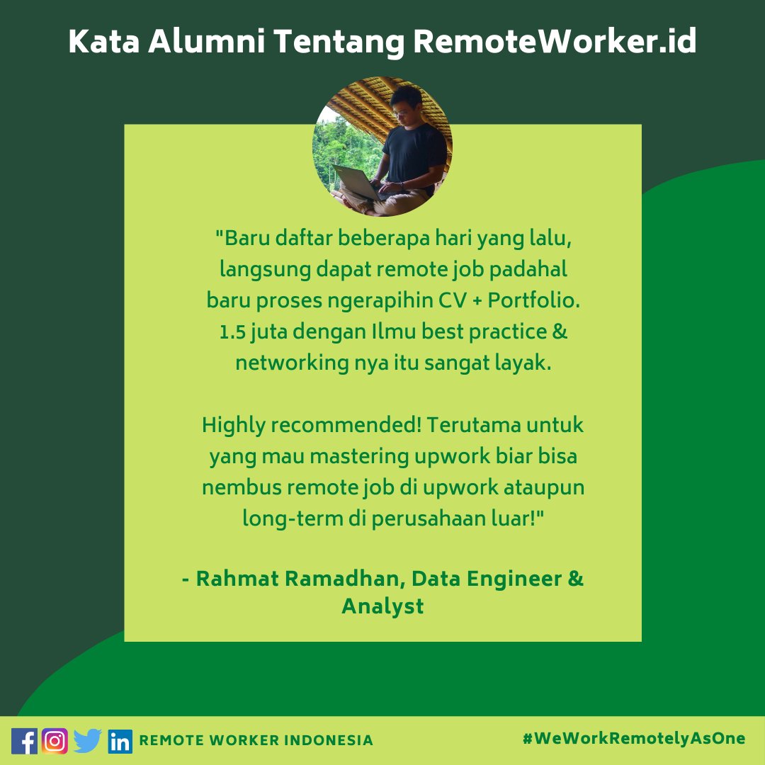 remoteworkerid's tweet photo. Namanya @rririanto. Ia sudah mengikuti online course dgn materi "mastering upwork" di https://t.co/tWoJoxHw9x. Dan ini testimoninya.
Rahmat sendiri sudah, kamu kapan?
#WeWorkRemotelyAsOne #alumniremoteworkerid #remoteworkerid #remoteworkerindonesia #kerjadarirumah #kerjaremote https://t.co/oY8zD6W7nl