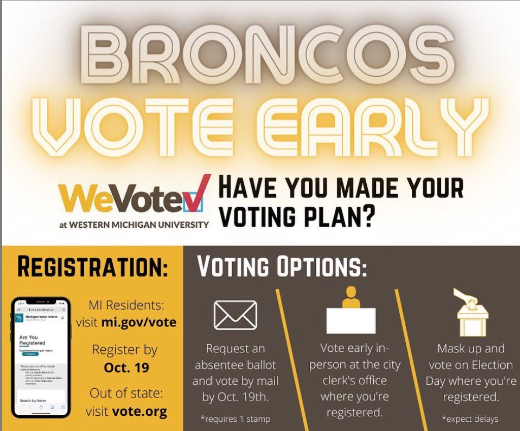 Broncos! 🐴🐴🐴
It’s time to make sure you are registered to vote. WMU athletics has partnered with WeVote in order to help all athletes register to vote in Michigan or their home state. We want to make sure your voice is heard!