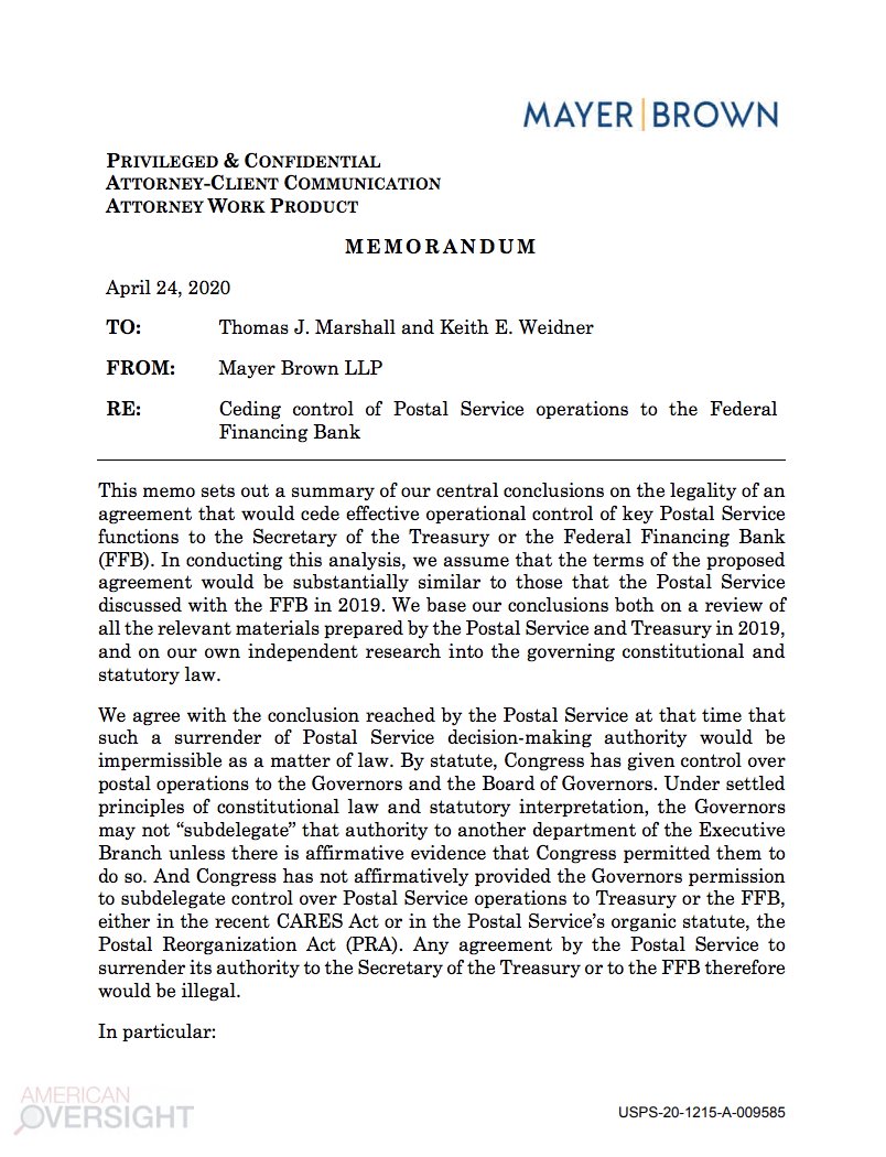 Here’s a breakdown of the key findings. This 7 page memo—produced by an external law firm—explored whether Treasury could take over USPS. It concluded that was not legally possible.  https://www.americanoversight.org/new-post-office-records