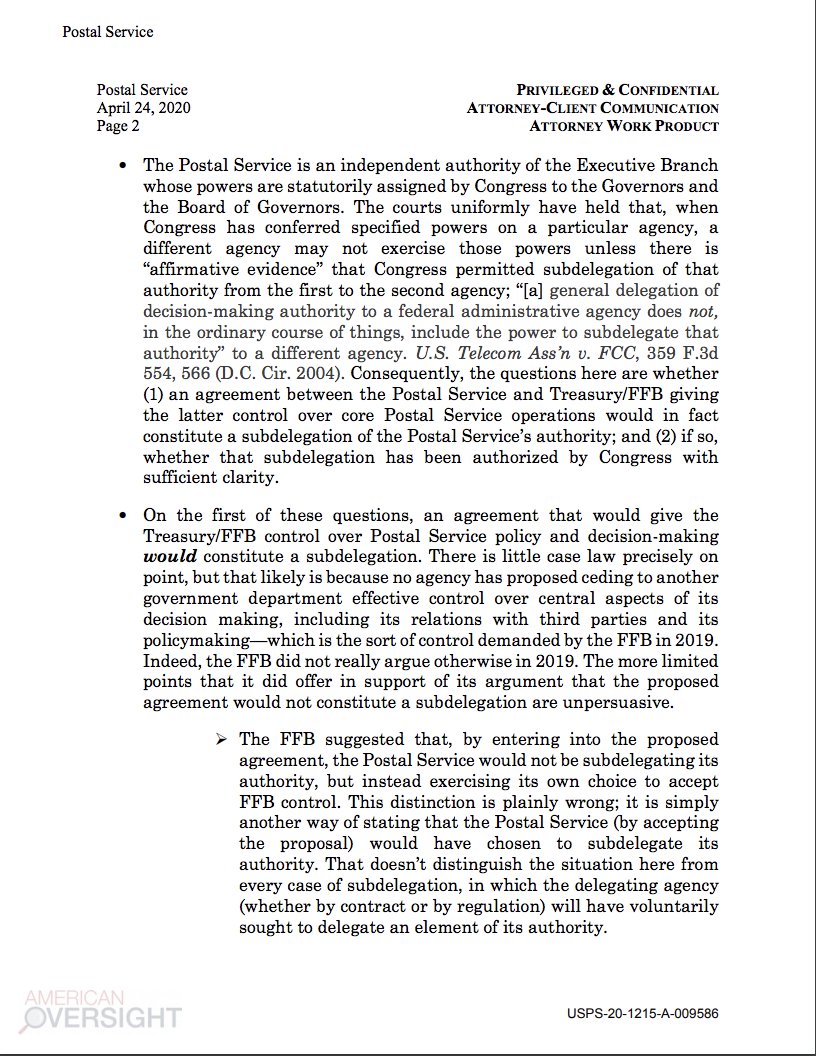 Here’s a breakdown of the key findings. This 7 page memo—produced by an external law firm—explored whether Treasury could take over USPS. It concluded that was not legally possible.  https://www.americanoversight.org/new-post-office-records