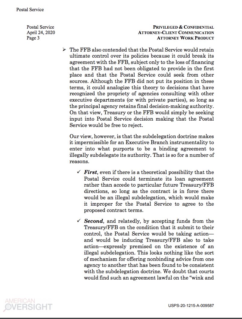 Here’s a breakdown of the key findings. This 7 page memo—produced by an external law firm—explored whether Treasury could take over USPS. It concluded that was not legally possible.  https://www.americanoversight.org/new-post-office-records