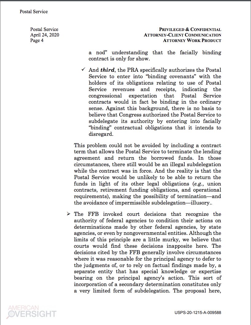 Here’s a breakdown of the key findings. This 7 page memo—produced by an external law firm—explored whether Treasury could take over USPS. It concluded that was not legally possible.  https://www.americanoversight.org/new-post-office-records