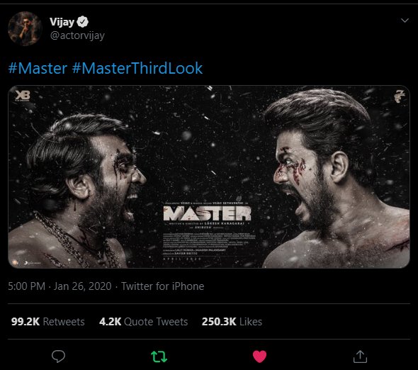 RECORD ALERT: Thalapathy's raw and intensive #MasterThirdLook poster crosses 250K+ likes and becomes the 5th 250K+ liked poster in #Vijay's official Twitter handle. Vijay is the undisputed KING of social media! 🔥 #Master @actorvijay 
#INDIAsMostRTedVIJAYSelfie