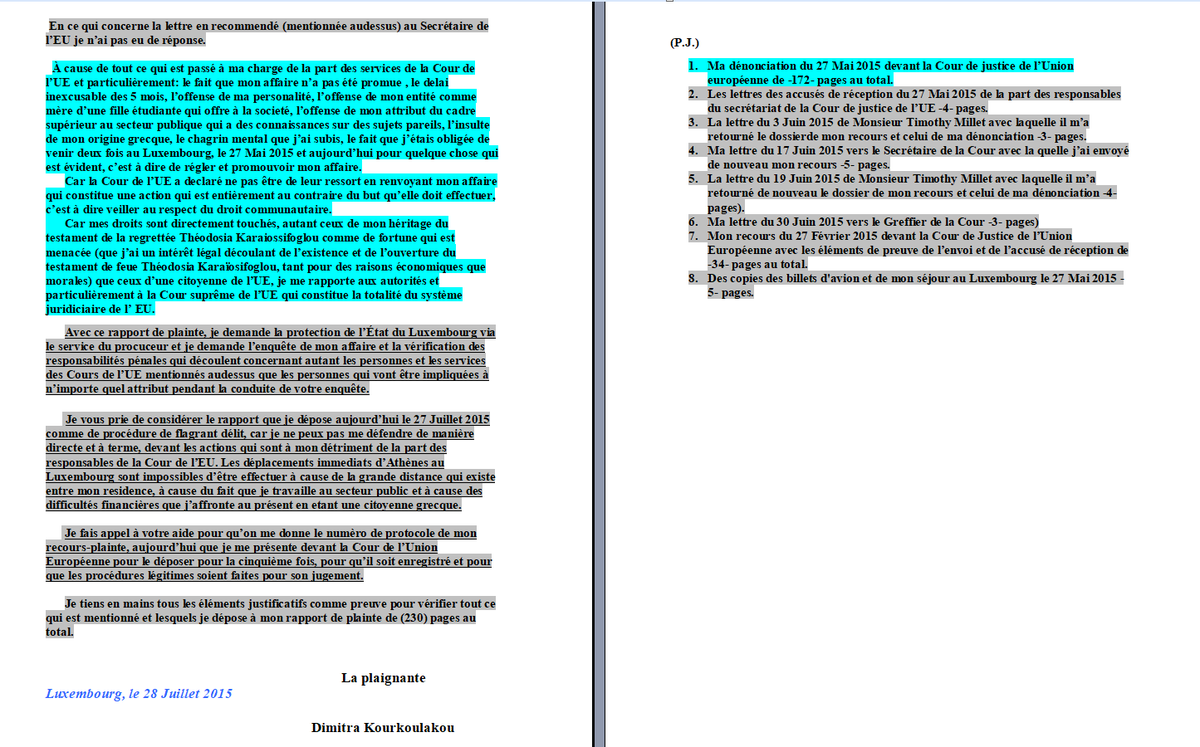 kourkoulakou's tweet photo. .@EUCourtPress 
6/6
Rapport de plainte de Dimitra KΟURKOULAKOU N. 21809/15/CD devant les Procureurs du #Luxembourg contre les anciens Organes de la #CJUE: Vassilios SKOURIS, Costas POPOTAS, Alfredo CALOT ESCOBAR, Timothy MILLETT, relatif le dossier N. 23444/15/CD.
#ECJ #Curia #UE https://t.co/reV6xpFQ1r