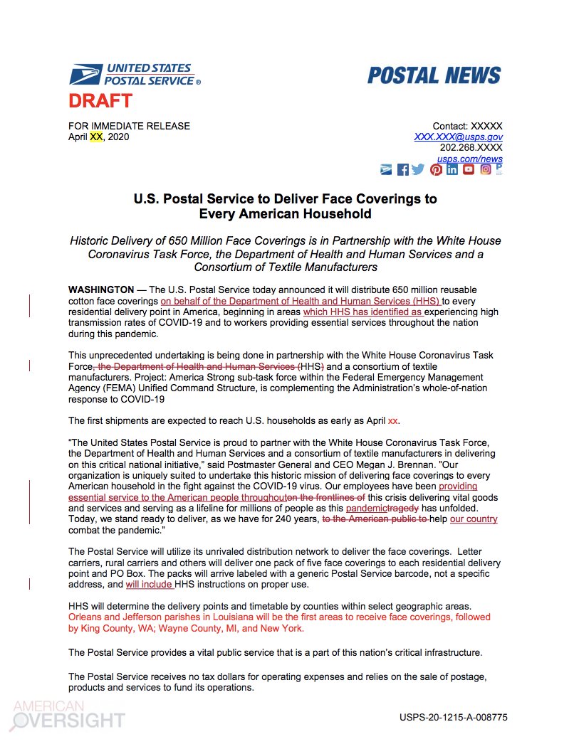 There is a draft press release for a plan for “U.S. Postal Service to Deliver Face Coverings to Every American Household.” This release suggests this plan made it pretty far off the ground but never came to fruition.