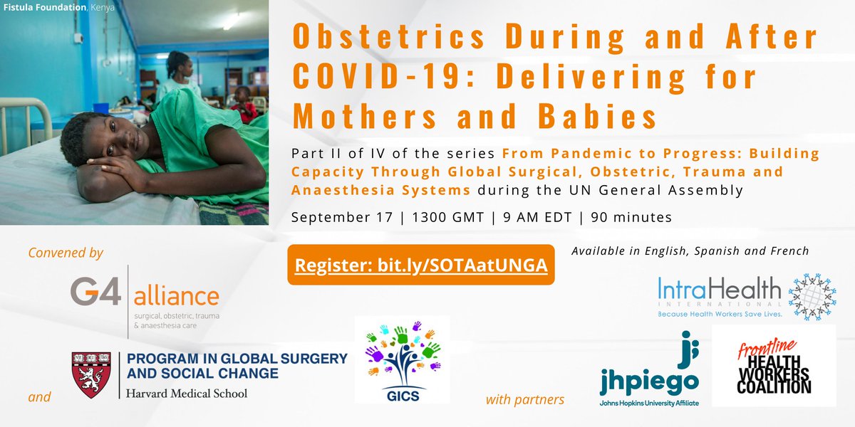 Starting now! "#Obstetrics During and After #COVID19: Delivering for Mothers and Babies." Please join this fantastic conversation with <a href="/MrsMaswime/">Salome Maswime</a> <a href="/MekdesDaba/">Mekdes Daba</a> @DrJVarallo <a href="/isiokolo/">Isioma Okolo MBChB MPH MRCOG</a>

Convened by G4, <a href="/HarvardPGSSC/">Harvard Global Surgery</a> &amp; <a href="/GICSurgery/">GICS</a> with partners <a href="/Jhpiego/">Jhpiego</a> <a href="/FHWCoalition/">Frontline Health Workers Coalition</a> <a href="/IntraHealth/">IntraHealth International</a>