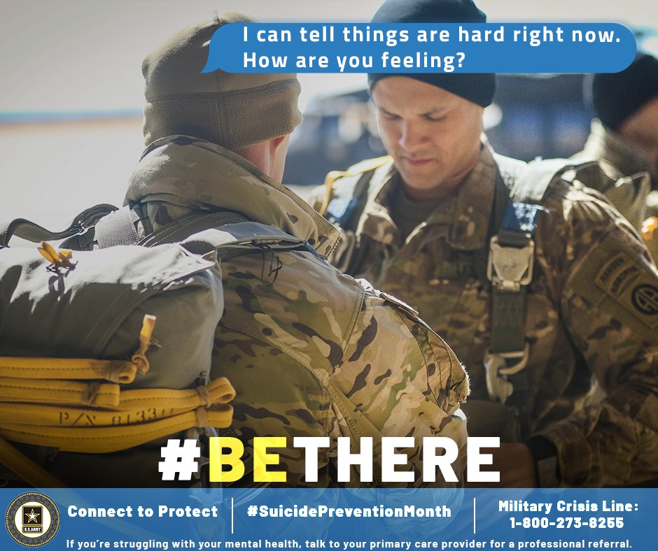 Make it your mission to #BeThere for someone this week. Stay connected by texting them this message. For support, visit MilitaryCrisisLine.net or call 1-800-273-8255. #SuicidePreventionMonth