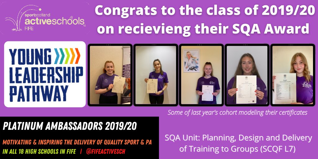 FifeActiveSch's tweet photo. 🚨Platinum Ambassadors |

Last academic year for the very first time, our Platinum Ambassadors gained an SQA unit as part of their programme

It's great to see these young people gain an award for all the hard work &amp; time they put in to inspiring the delivery of quality sport 👏 https://t.co/vxV4K6y28H